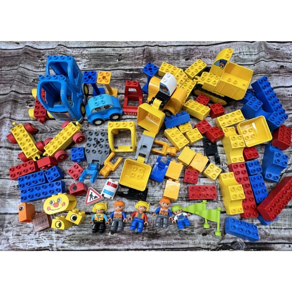 Lot of 100 Lego Duplo Construction W/Minifigs, Trains, Cars, Trucks, Backhoe